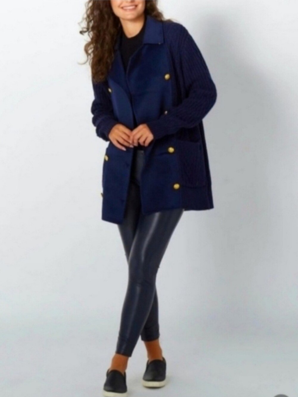 Badgley Mischka Women's Double Breasted Long Cardigan In Navy Blue SZ M